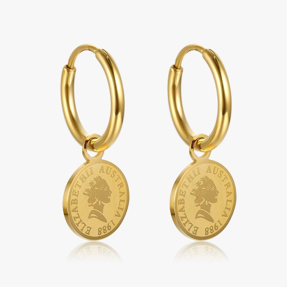 NEW 18K Gold Plated Queen Elizabeth Coin Drop Round Hoop Earrings - Picture 6 of 8